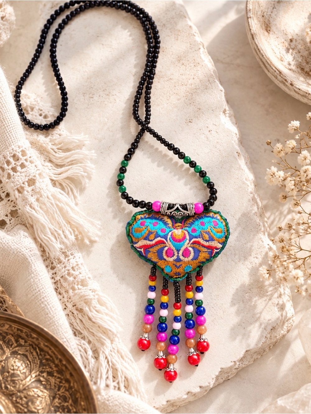 Handmade Embroidered Heart Pendant Natural Stone Beaded Hippie Boho Necklace